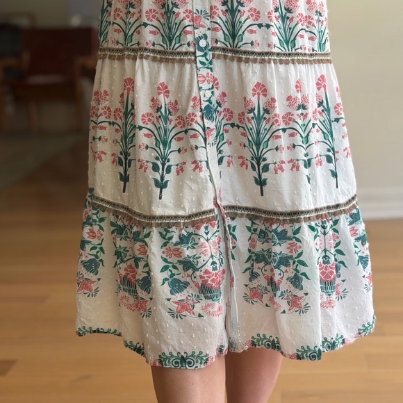 Anthropologie Kindred Size Medium White Green Pink Embroidered Floral Midi Dress - Picture 6 of 16
